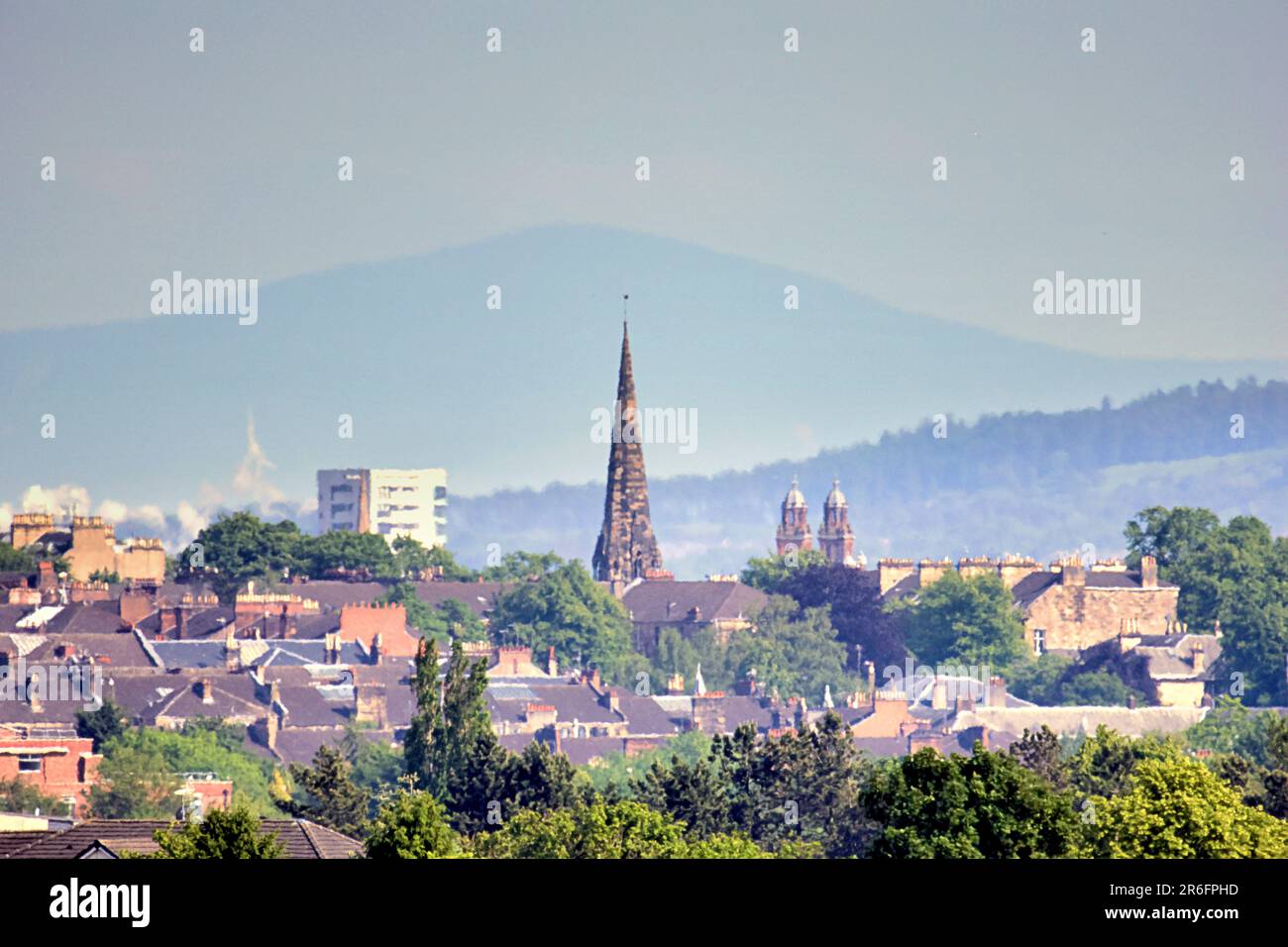 aerial view of the city the spire of cottiers theatre in partick in front of tinto hill Stock Photo