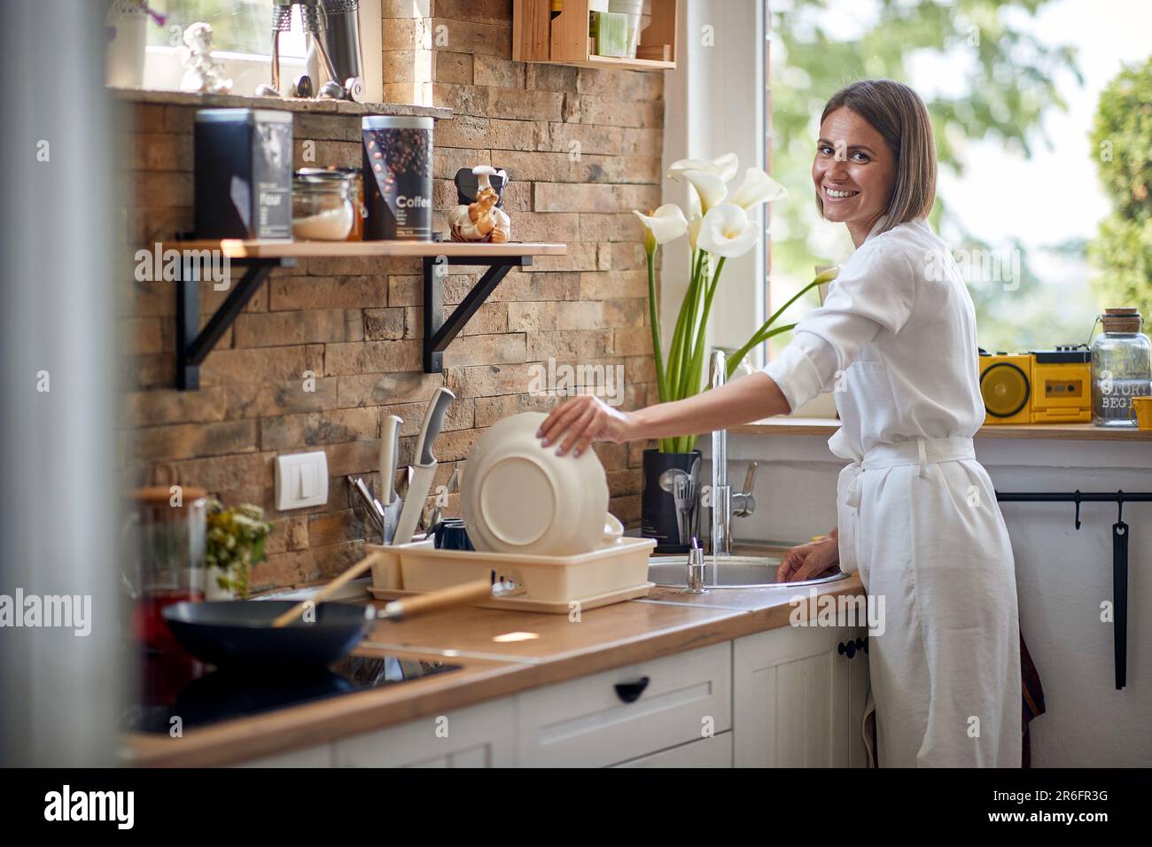 https://c8.alamy.com/comp/2R6FR3G/joyful-young-woman-washing-dishes-in-a-modern-kitchen-putting-plate-away-in-a-dish-rack-and-smiling-home-lifestyle-family-concept-2R6FR3G.jpg