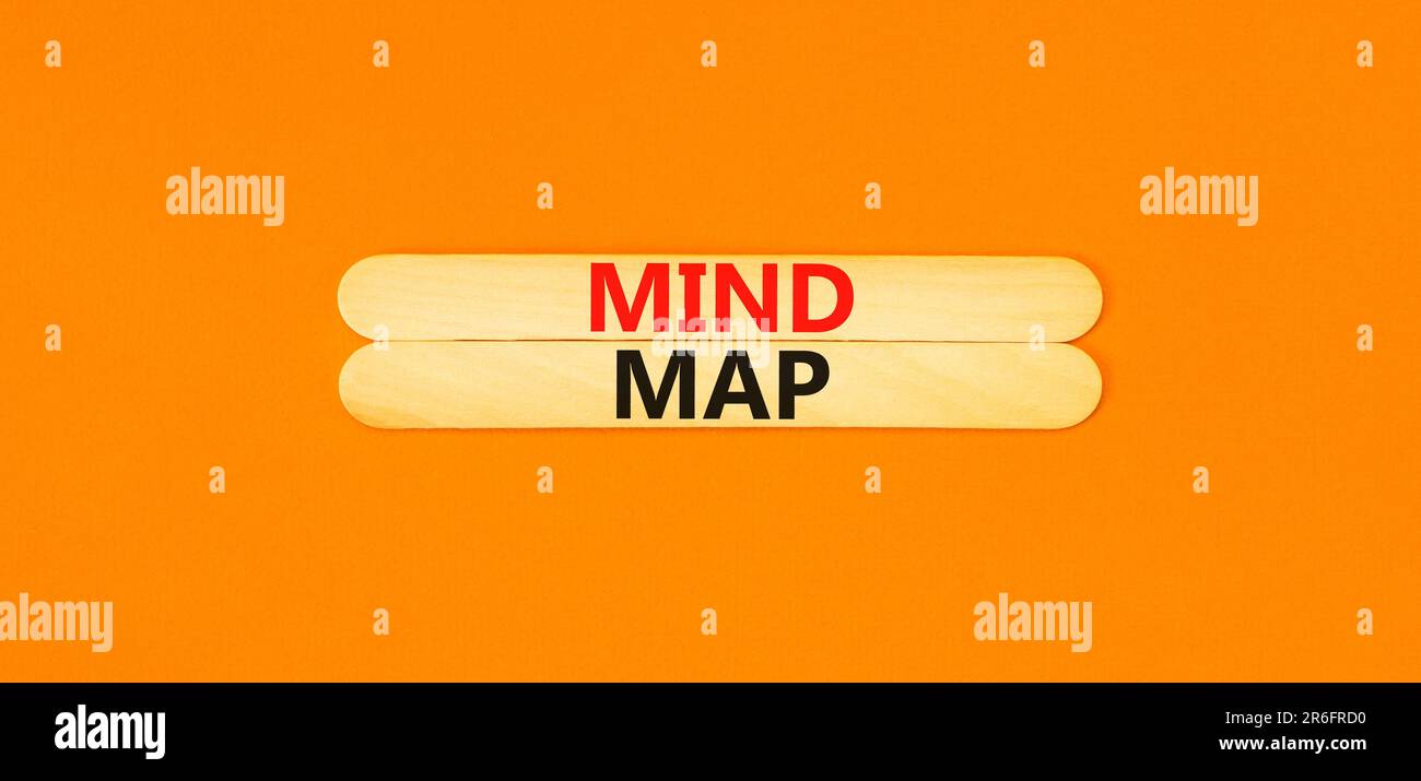 Mind map symbol. Concept words Mind map on beautiful wooden stick on a beautiful orange table orange background. Business, support, motivation, psycho Stock Photo