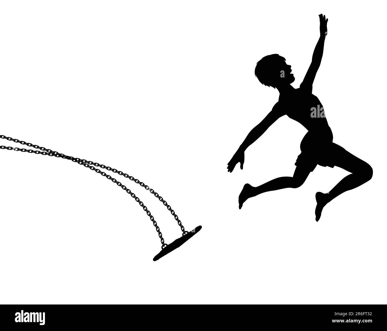 Editable vector silhouette of a young boy leaping off a swing Stock Vector