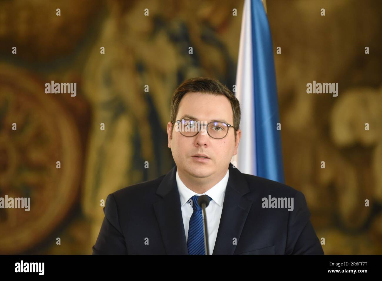 Prague, Czech Republic. 09th June, 2023. Foreign Minister of Czech republic Jan Lipavsky speaks to the media during a joint press conference with his Vietnamese counterpart in Prague. Vietnamese foreign minister Bui Thanh Son visited the Czech Republic and met with Czech foreign minister Jan Lipavsky. Credit: SOPA Images Limited/Alamy Live News Stock Photo