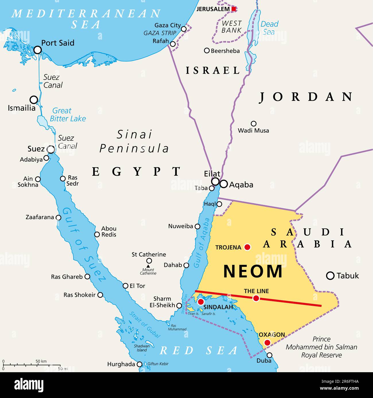 NEOM and the Sinai Peninsula, political map. Neom, a planned smart city in Tabuk Province in northwestern Saudi Arabia, north Red Sea, east of Egypt. Stock Photo