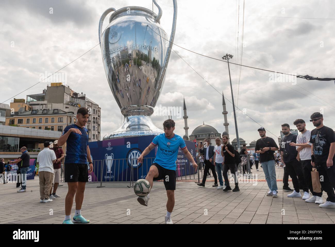 Istanbul, Turkey. June 9th 2023 Fans play football in Taksin square before the Champions League