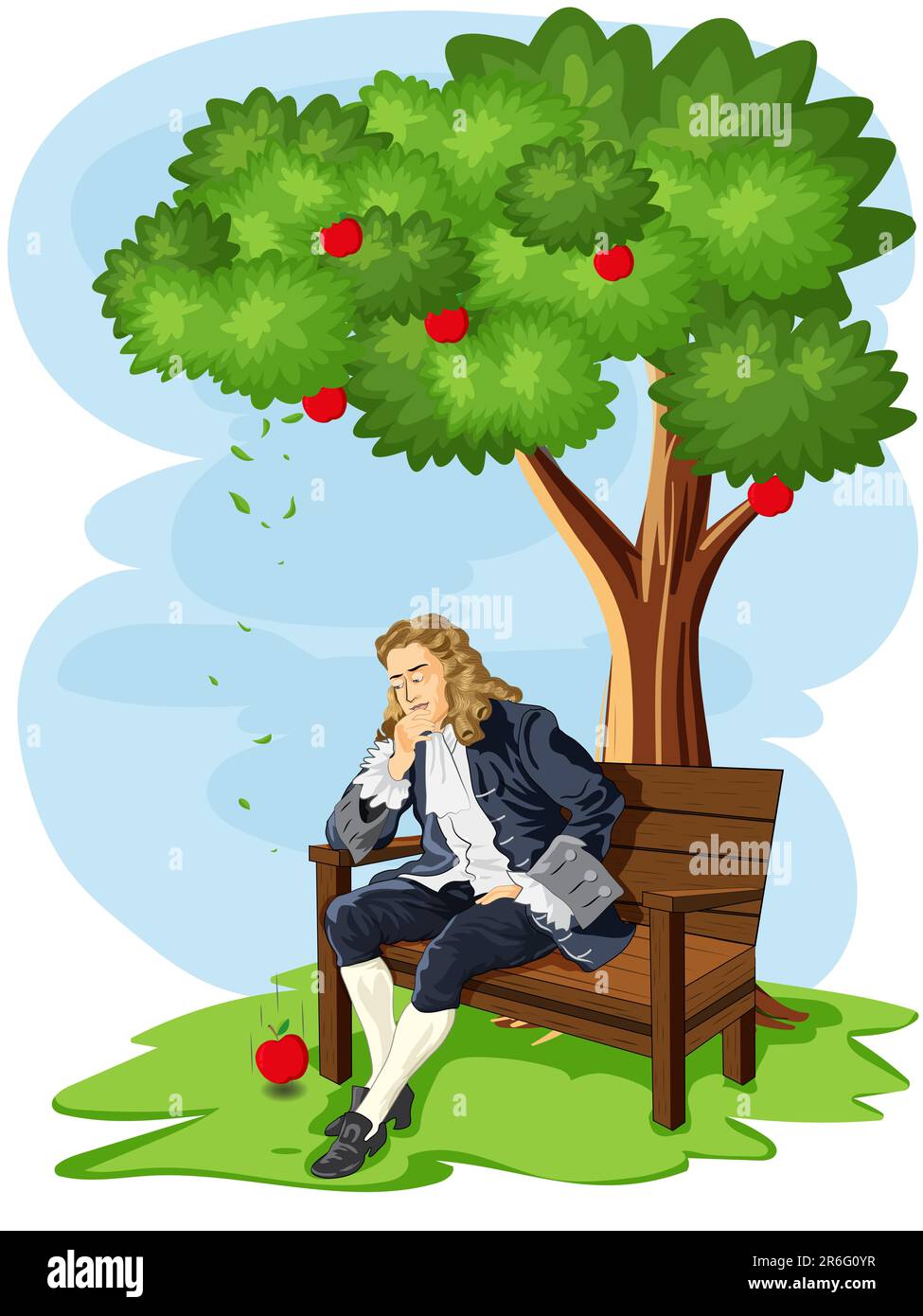 A illustration of Sir Isaac Newton discovering the theory of gravitation Stock Photo