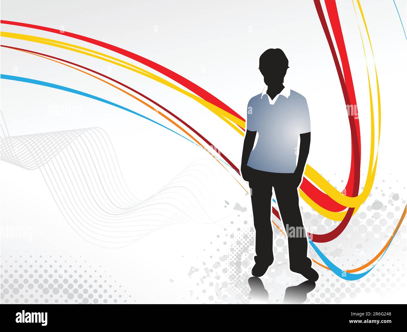abstract colourful rainbow wave lines and a young condfidence boy with blank space of sample text Stock Vector