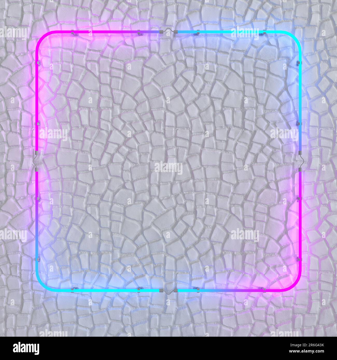 Square neon multicolored light frame on white wall. 3d illustration. Stock Photo