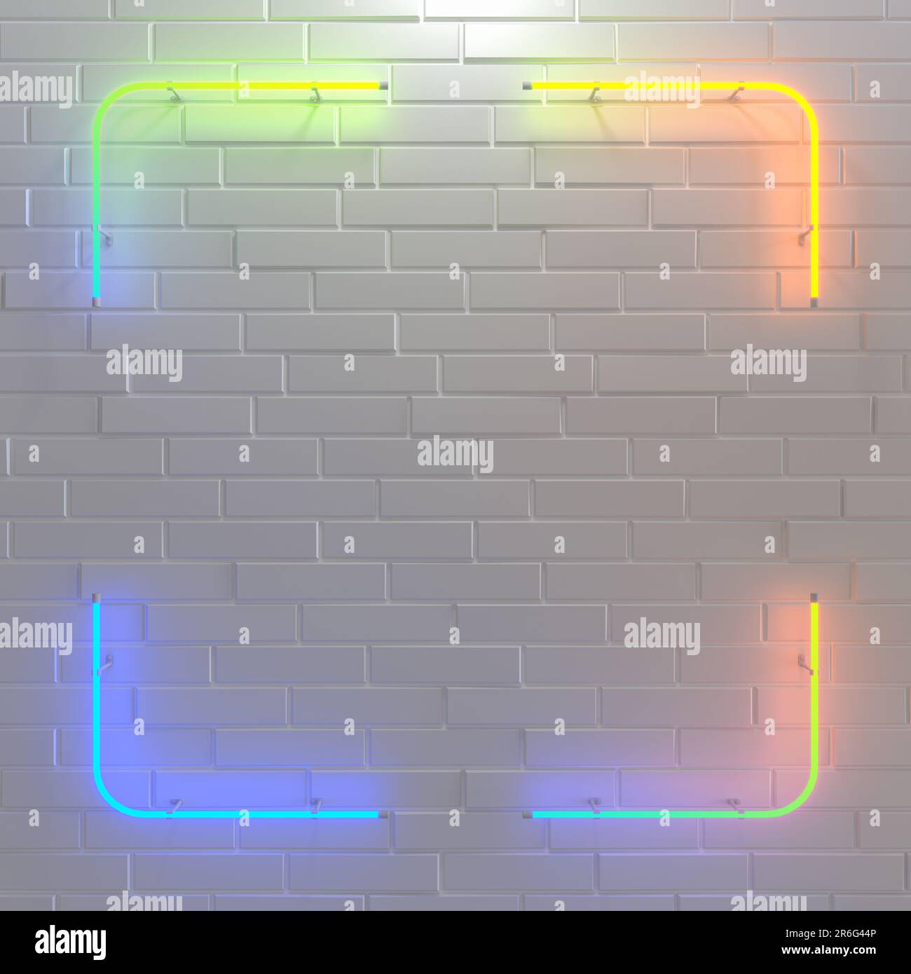 Square neon multicolored light frame on white wall. 3d illustration. Stock Photo