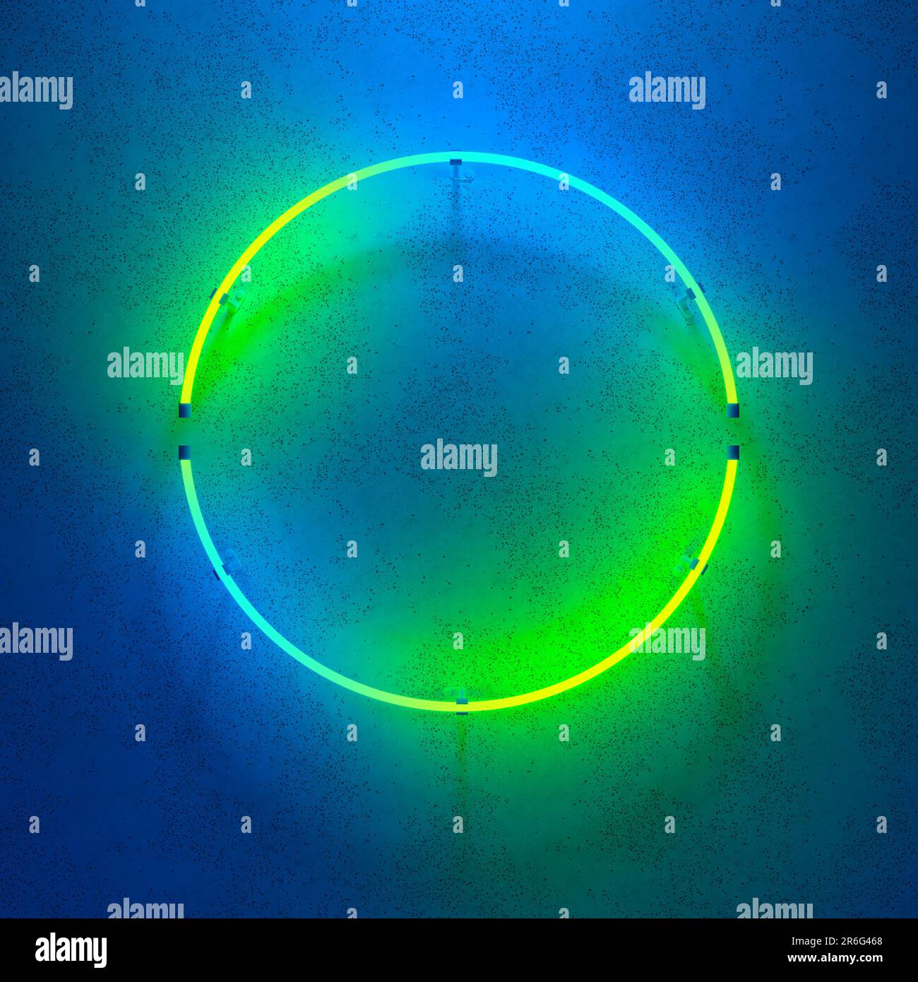 Round glowing neon frame on dark blue wall. Blue to green gradient ...