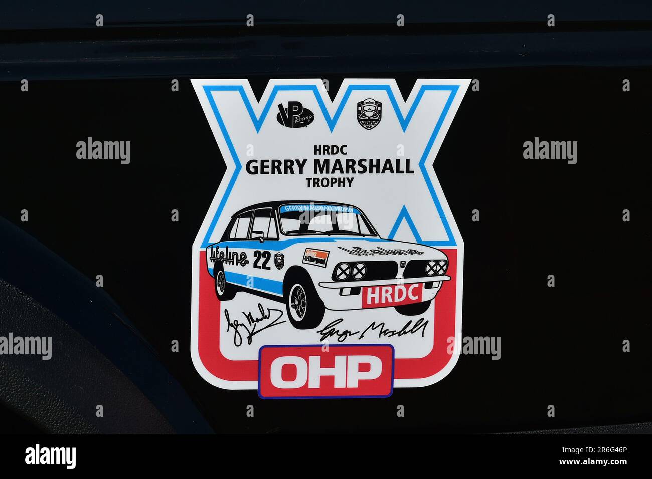 The badge, HRDC ‘Gerry Marshall’ Trophy Series, over 30 cars on the grid for a forty five minute two driver race featuring pre-1980’s Touring Cars, sp Stock Photo
