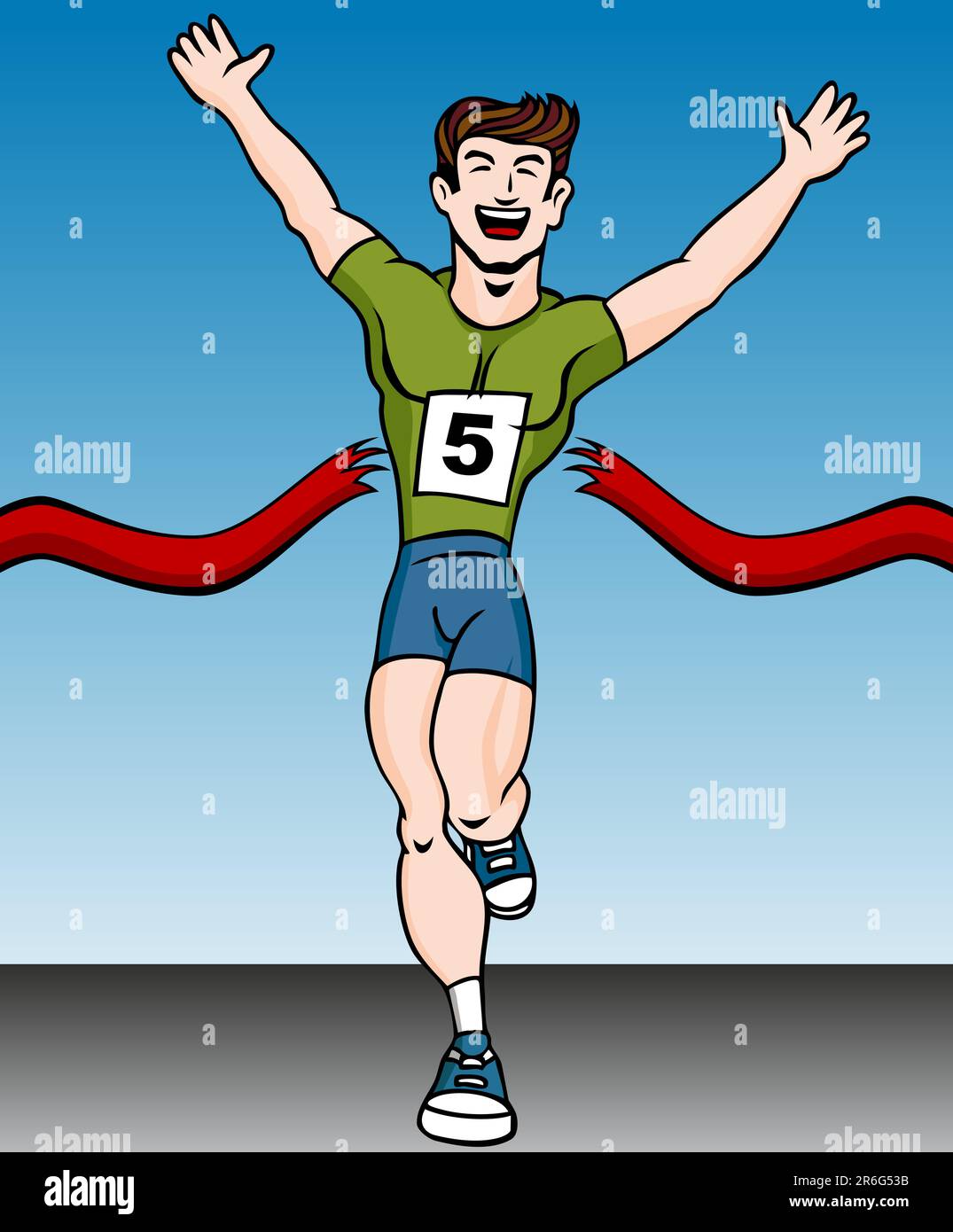 Cartoon of a man reaching the finish line in a running event. Stock Vector