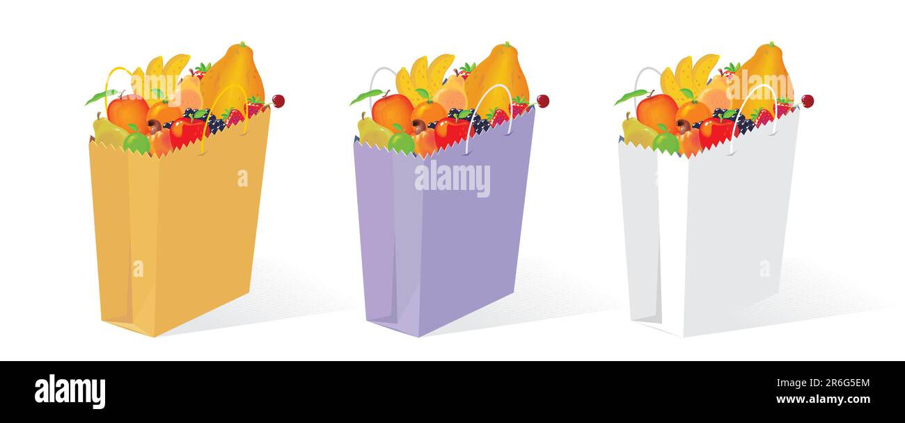 Paper bag full of fruits. Bag in three versions of color. All fruits complete. No gradient fills. Easy to customize colors and to rearrange elements. Stock Vector