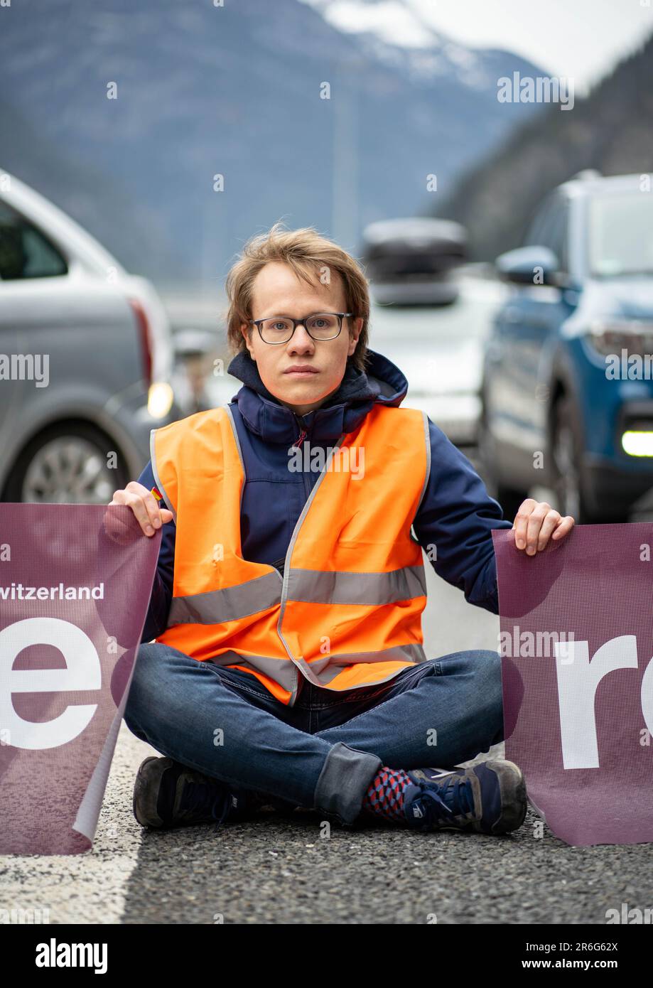 'Renovate Switzerland' climate activists from blocking the entrance to the Gotthardtunnel at the start of the easter holidays, huge traffic jam Stock Photo