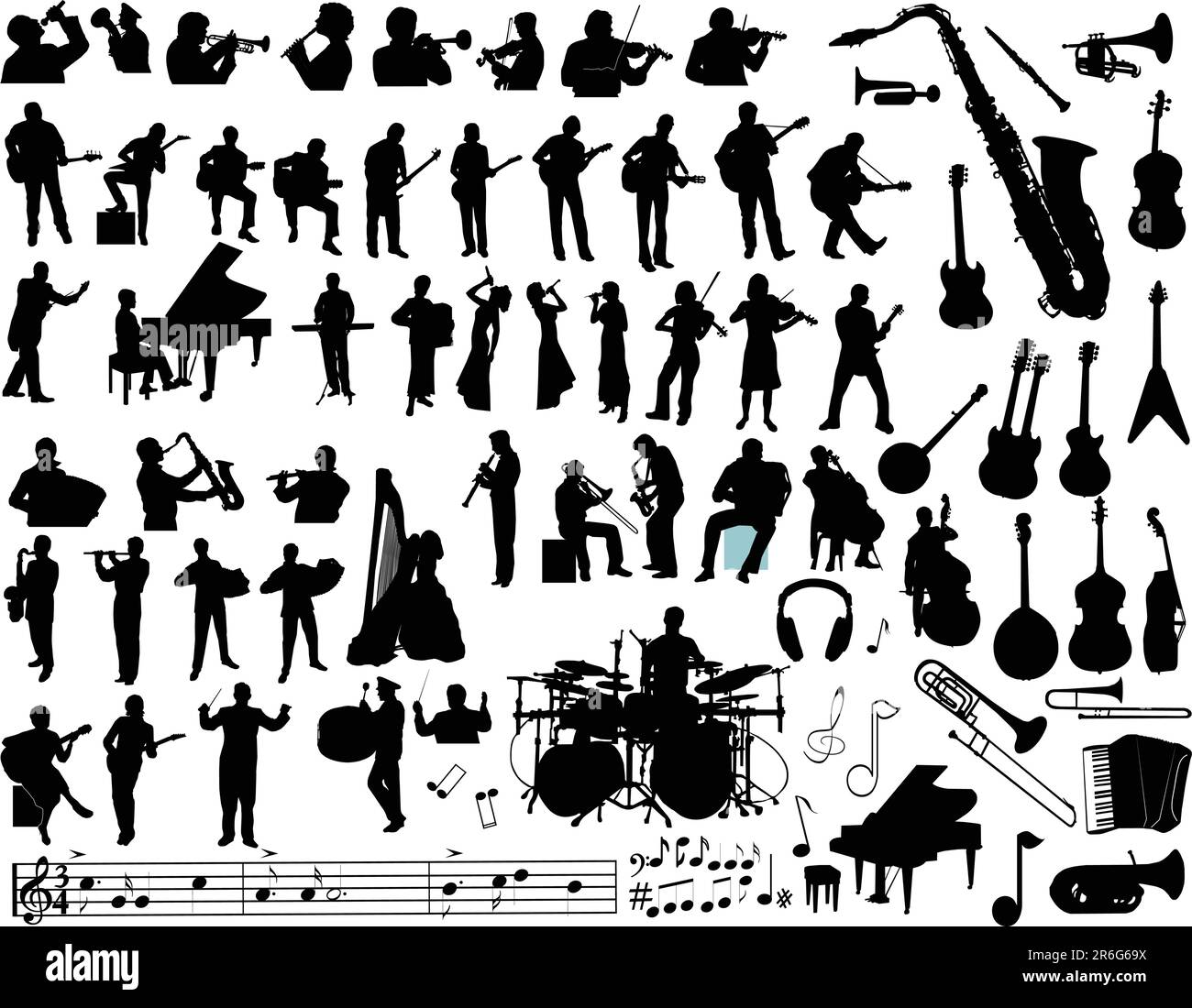 Vector Silhouettes Of Musicians Music Instruments And Symbols Stock
