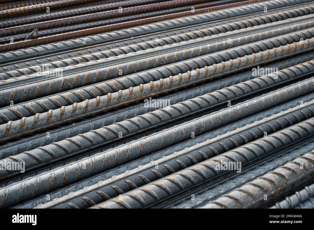 Construction steel reinforcement close-up, selective focus. Warehouse ...