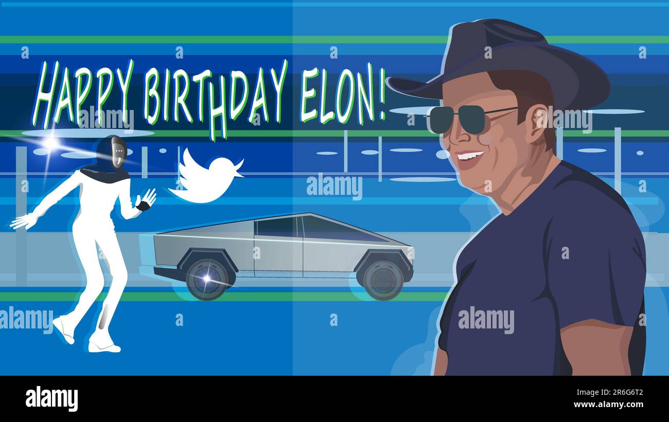 Happy Birthday Elon Elon Musk Portrait Tesla Bot Twitter Logo Tesla