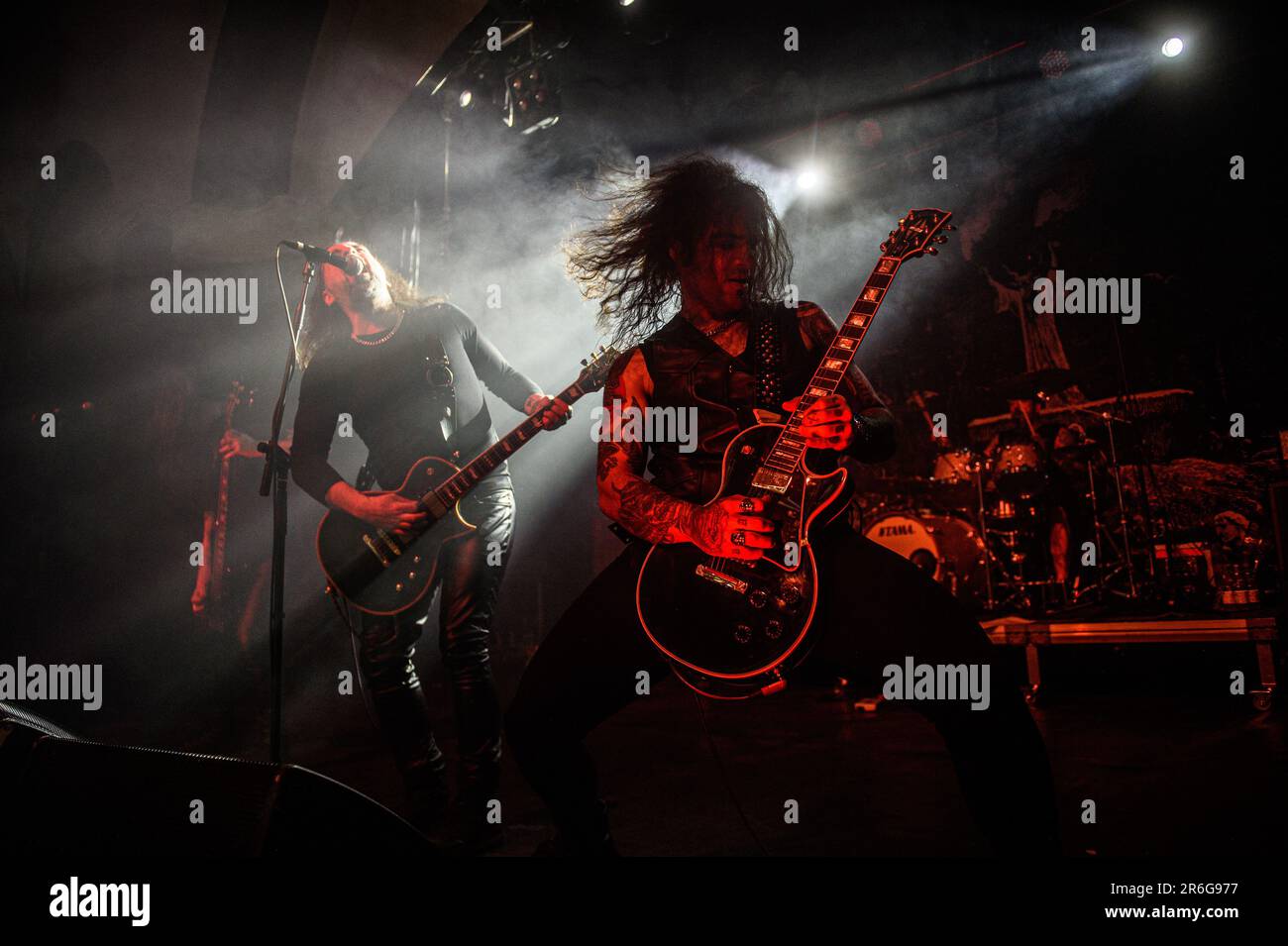 Greek black metal band Rotting Christ performs on stage during the Wave-Gotik-Treffen festival in Leipzig. Wave-Gotik-Treffen is an annual world festival for 'dark' music and 'dark culture' in Leipzig, Germany. In 2023 it took place from 26 to 29 May, and collected about 20,000 visitors and 200 bands of different genres at several venues throughout the city. Stock Photo