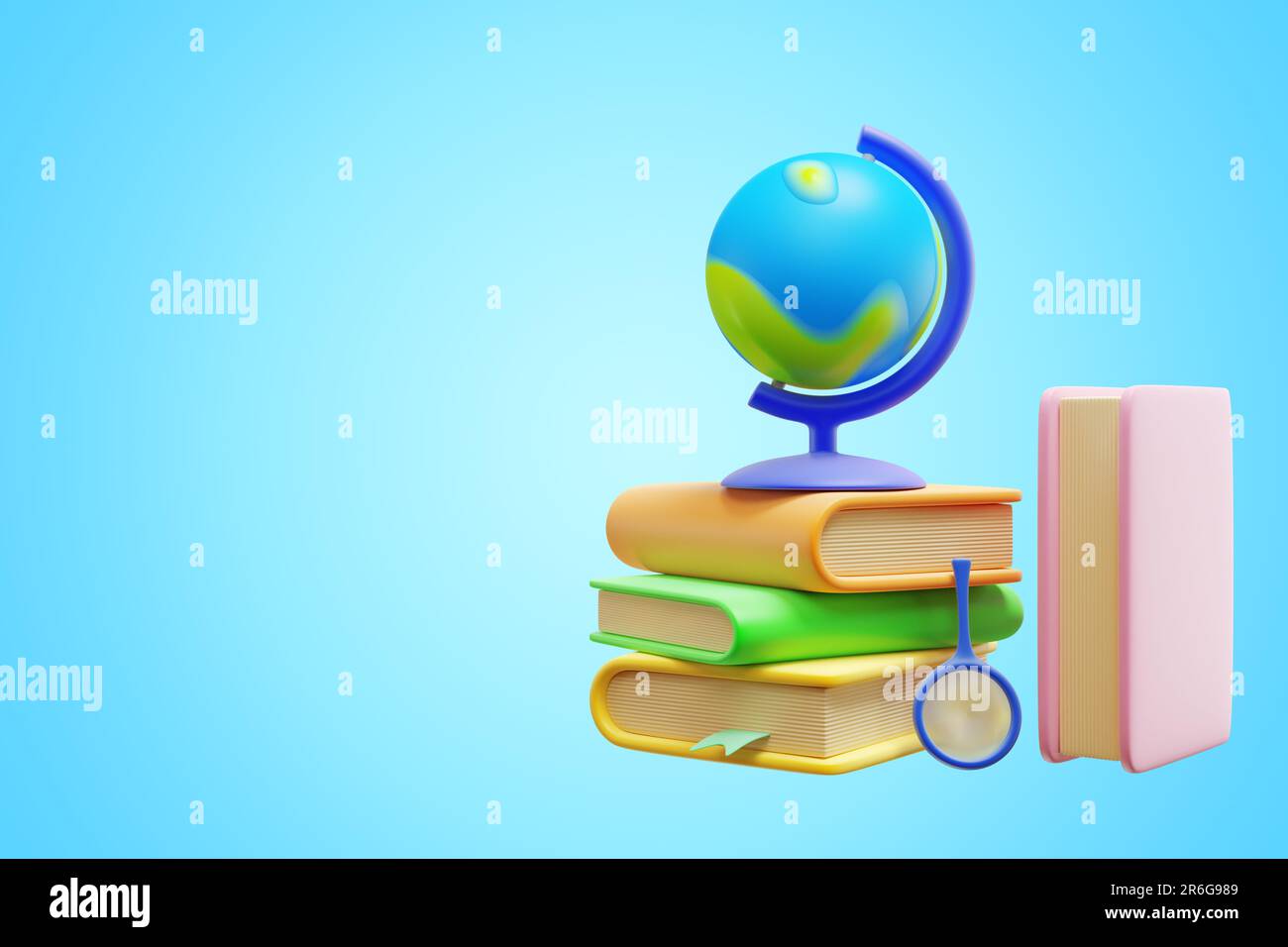Globe on stack of books isolated on blue background.3d rendering Stock Photo
