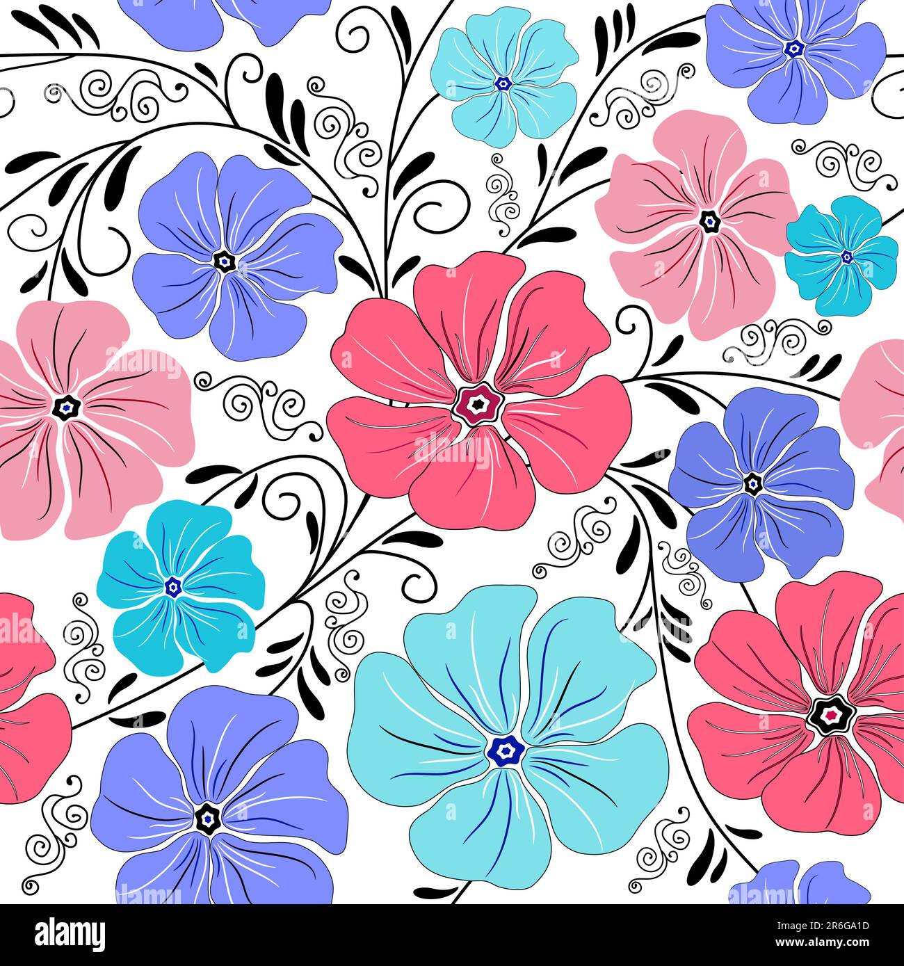 Seamless floral pattern with handwork curls and flowers (vector) Stock Vector