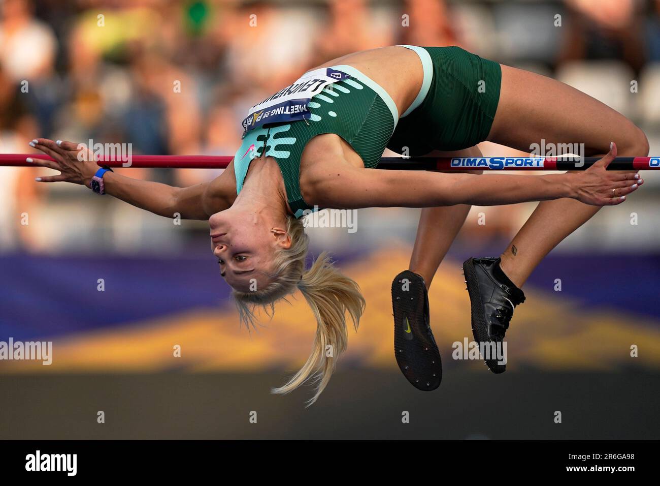 Yuliia Levchenko, of Ukraine, makes an attempt in the Women high jump