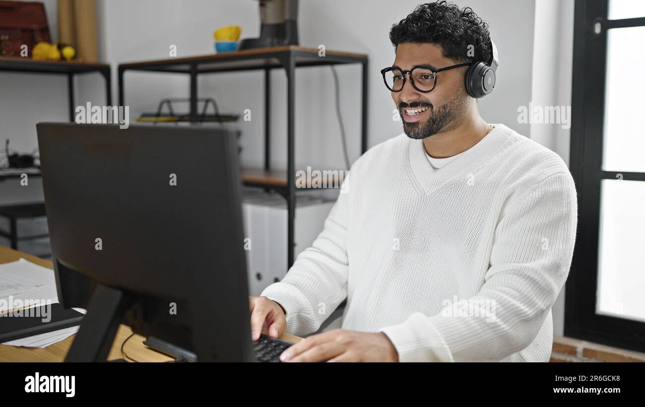 African american man business worker having video call at office Stock Photo