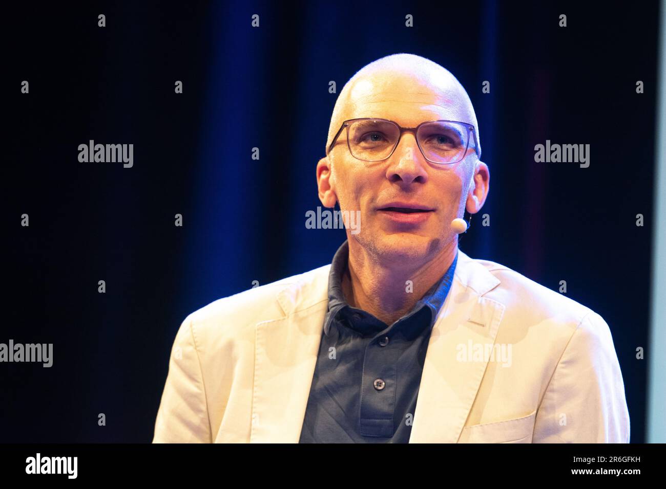 Cologne, Germany. 09th June, 2023. Armen Avanessian, an Austrian philosopher, is seen on the stage at WDR Funkhaus during the Phil.cologne 2023, an international Philosophiefest, in Cologne, Germany, on June 9, 2023 (Photo by Ying Tang/NurPhoto).0 Credit: NurPhoto SRL/Alamy Live News Stock Photo