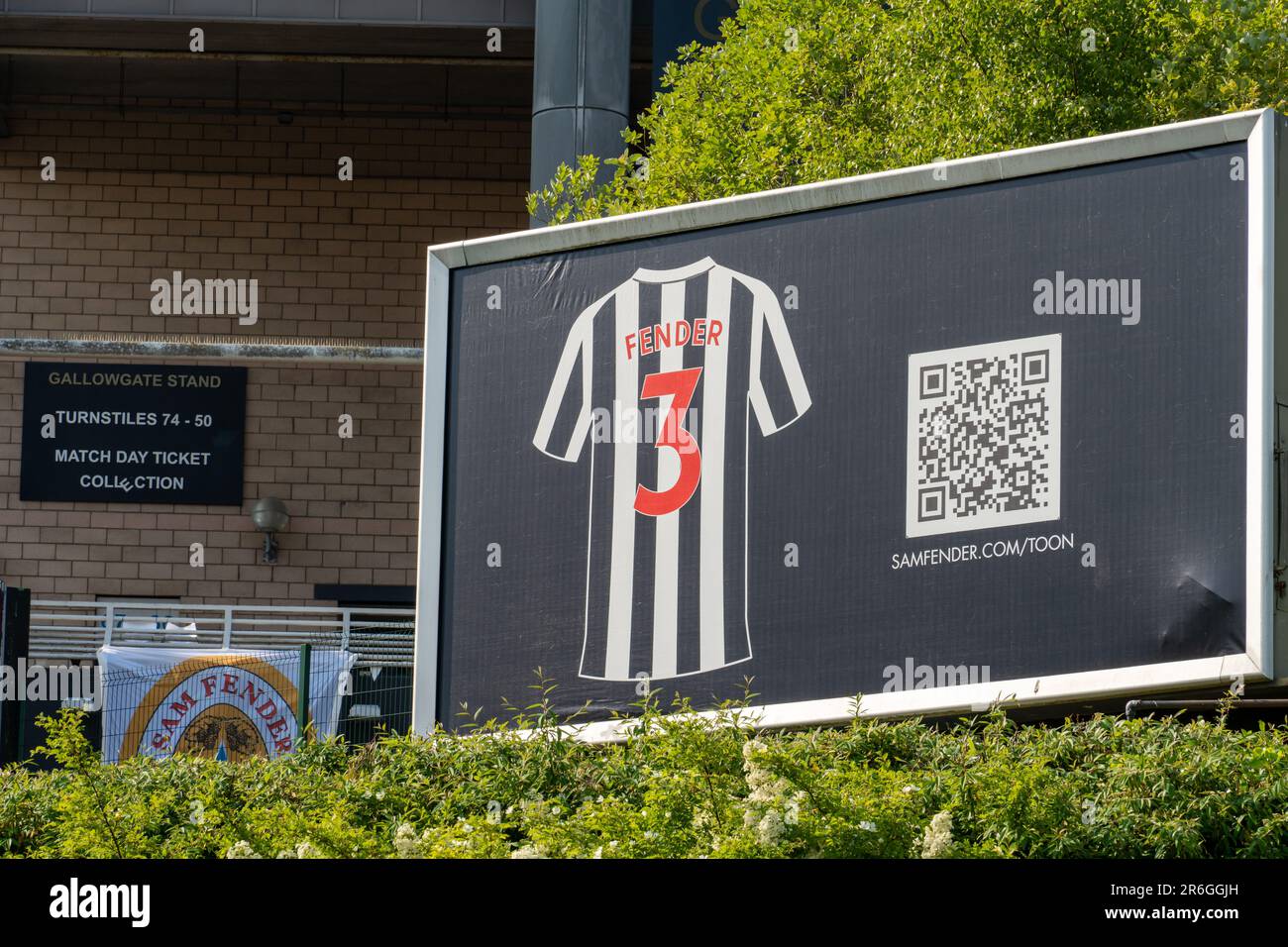 Newcastle upon Tyne, UK. 9th June 2023. Pre-gig, as Sam Fender plays the first of two sold out shows at St James' Park stadium in the city. -- Advertising outside of the stadium. Credit: Hazel Plater/Alamy Live News Stock Photo