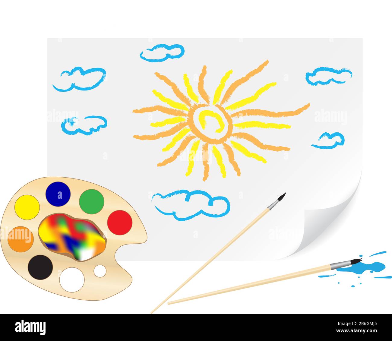 Children's drawing a brush sun and clouds on a paper Stock Vector