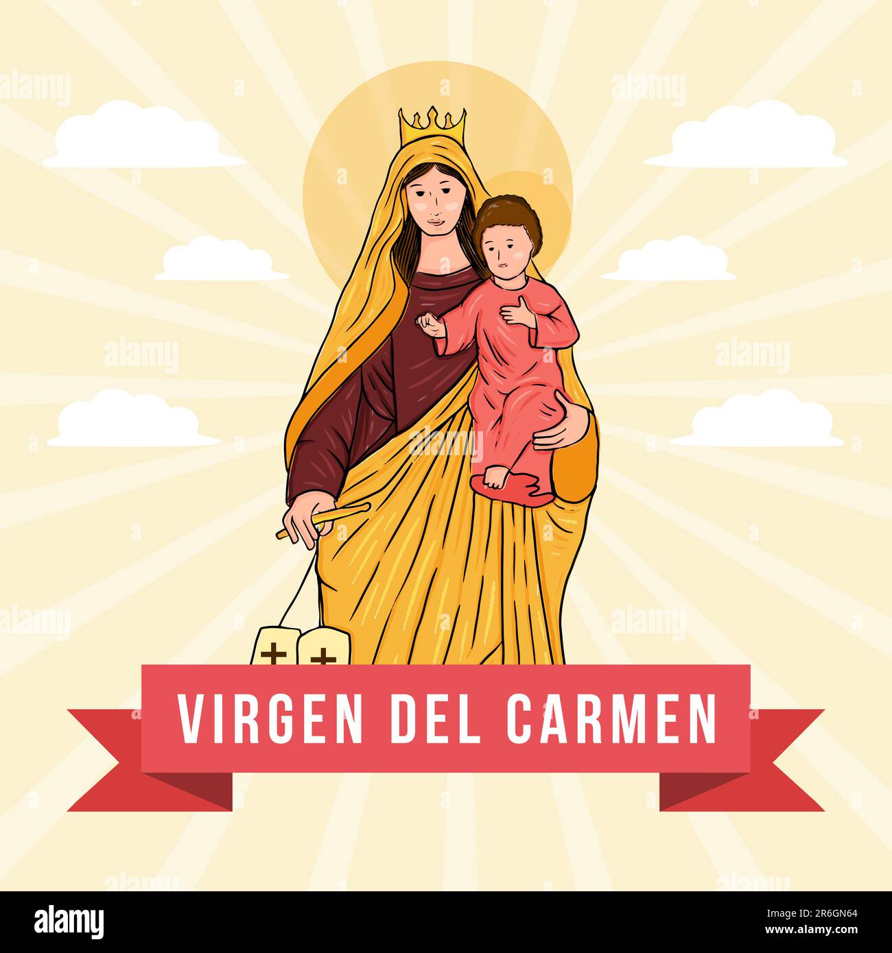 virgen del carmen hand drawn illustration in flat design style Stock Vector