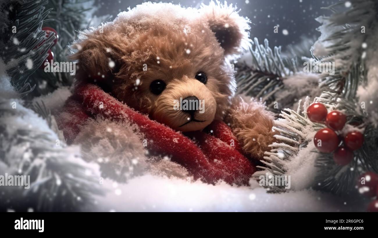 A brown teddy bear wearing a red scarf sitting in the snowy forest ...