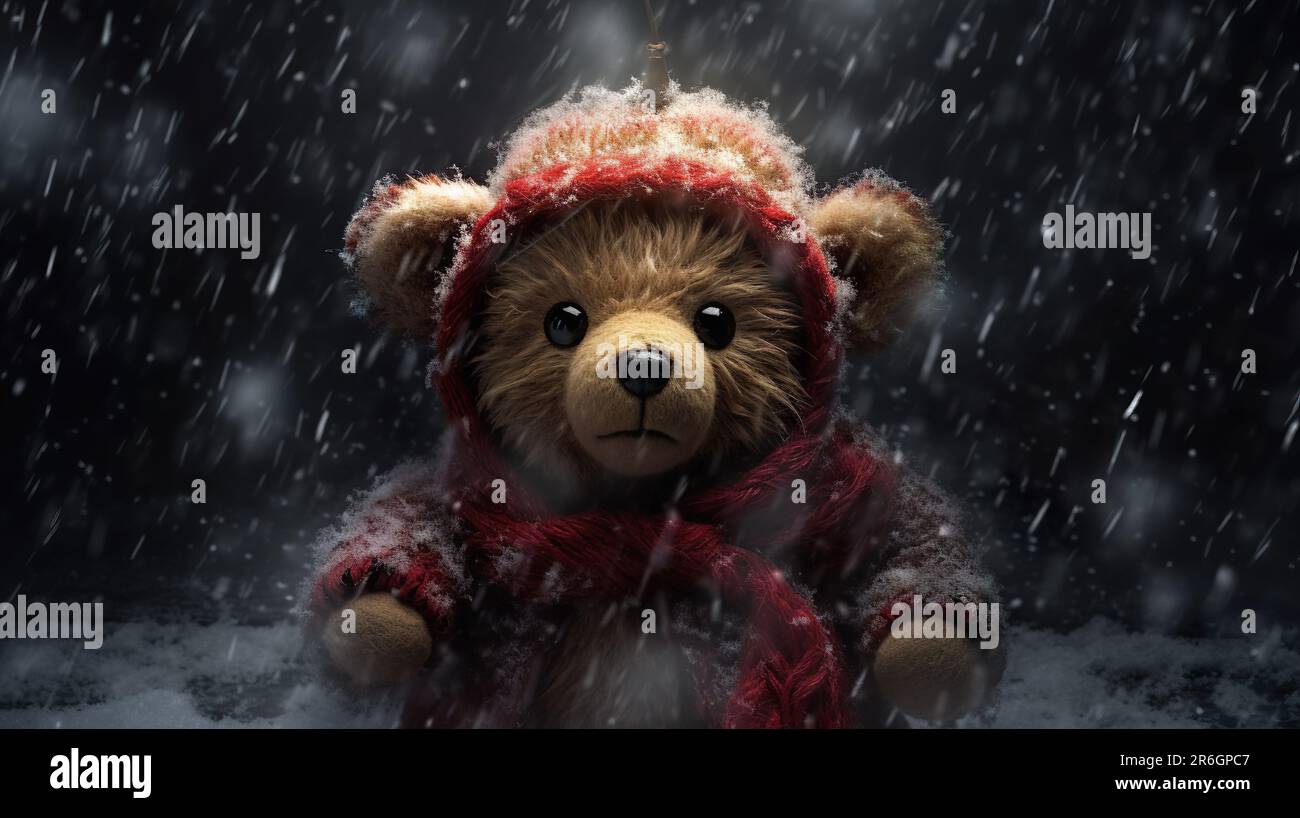 A brown teddy bear wearing a red scarf sitting in the snowy forest ...