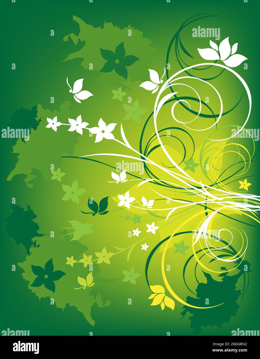 Grunge green and yellow floral background with butterfly Stock Vector