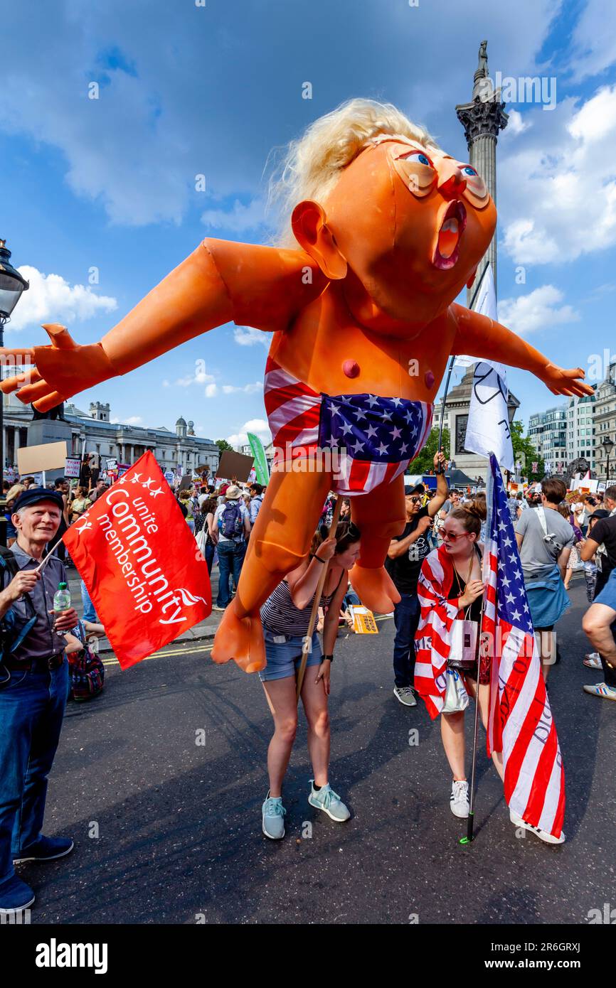 People Demonstrate Against The Visit Of US President Donald Trump In Trafalgar Square, London, UK Stock Photo