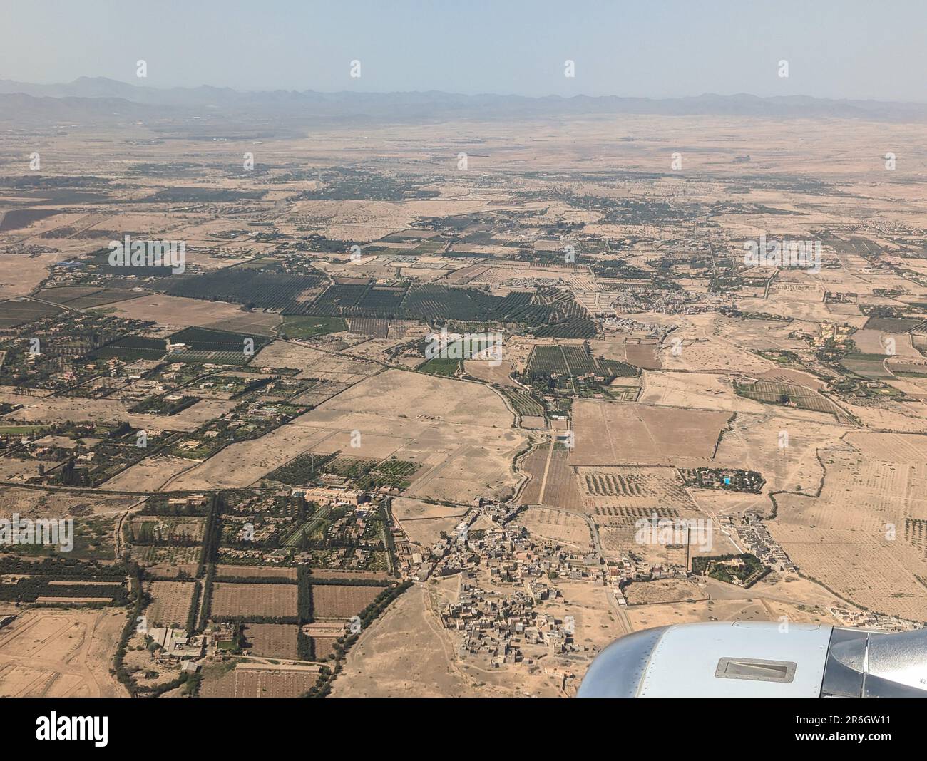 Aerial view of the Moroccan landscape and Marrakesh seen from an airplane Stock Photo