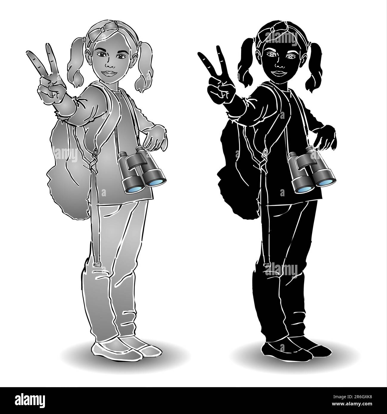 Vector illustration of a girl with binoculars and a backpack Stock