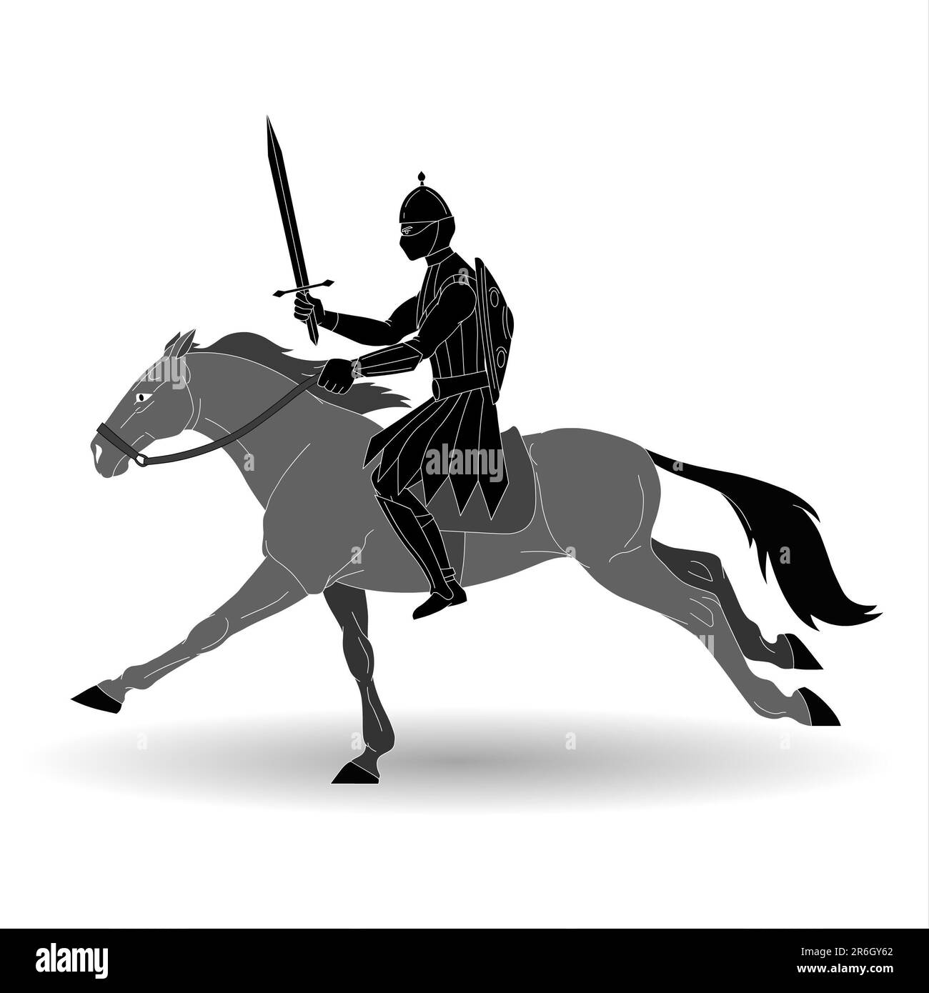 Riding Knight with sword on horse back Stock Photo