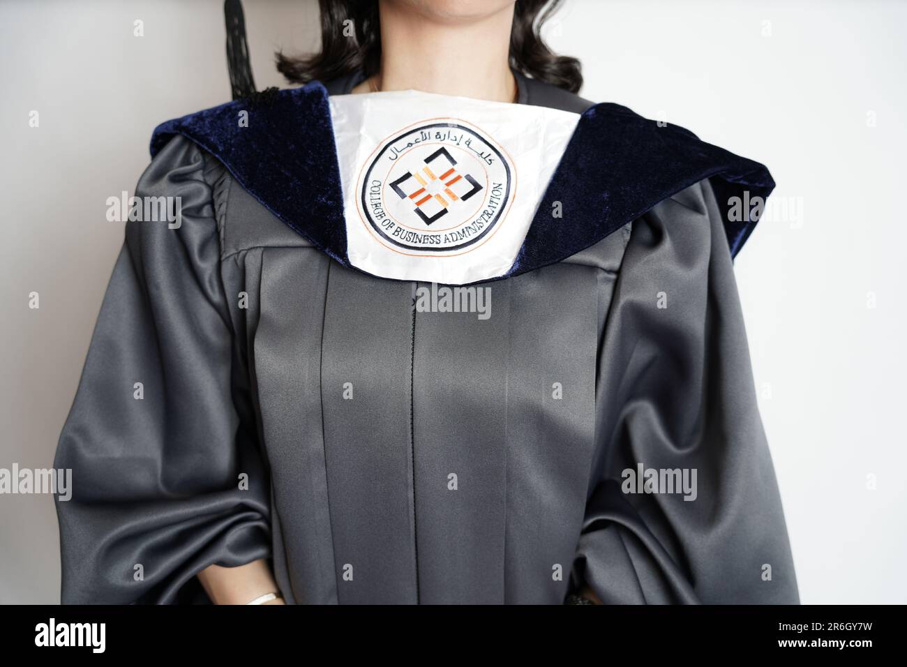 Close-up of a university graduation gown from Prince Mohammed bin Fahd University, college of business administration. Stock Photo