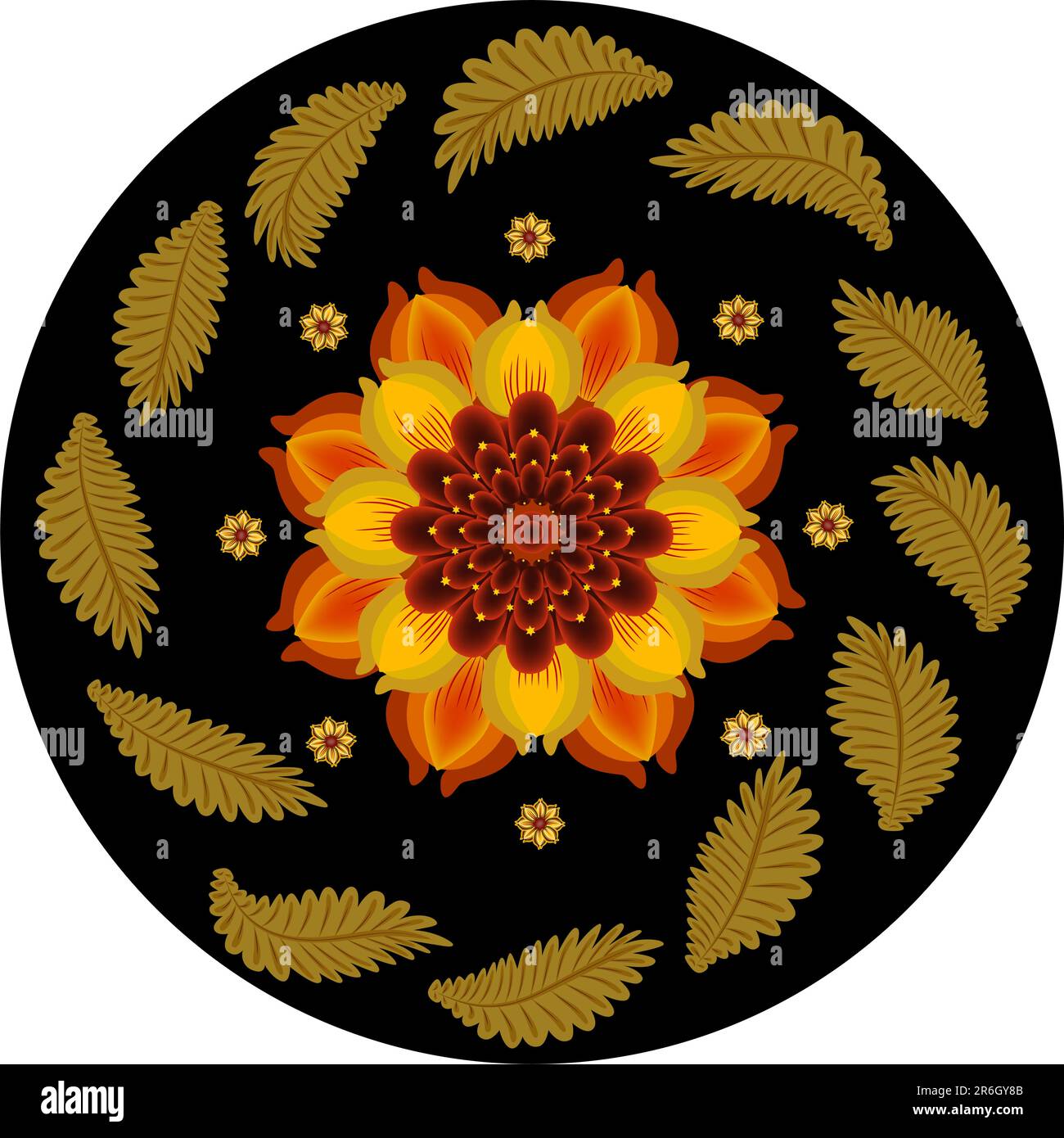 Big flower on black round background. Vector illustration. AI8 eps file Stock Vector