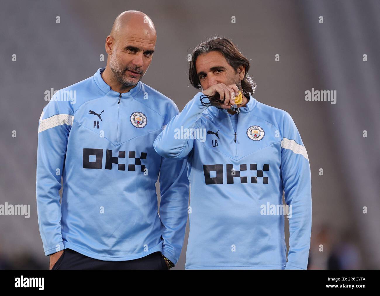 Josep Guardiola, Manager of Manchester City and Lorenzo Buenaventura, the fitness coach of Manchester City FC during a training session at The Ataturk Olympic Stadium, Istanbul. Picture date: 9th June 2023. Picture credit should read: Paul Terry/Sportimage Credit: Sportimage Ltd/Alamy Live News Stock Photo