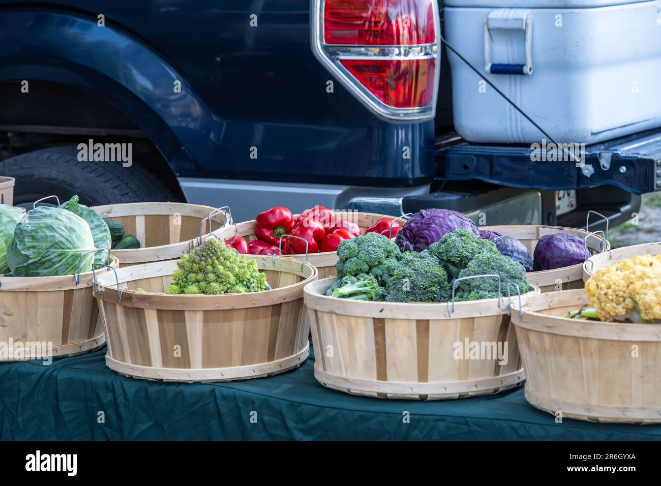 Baskets of local farm fresh produce at the Tybee Island Farmers Market