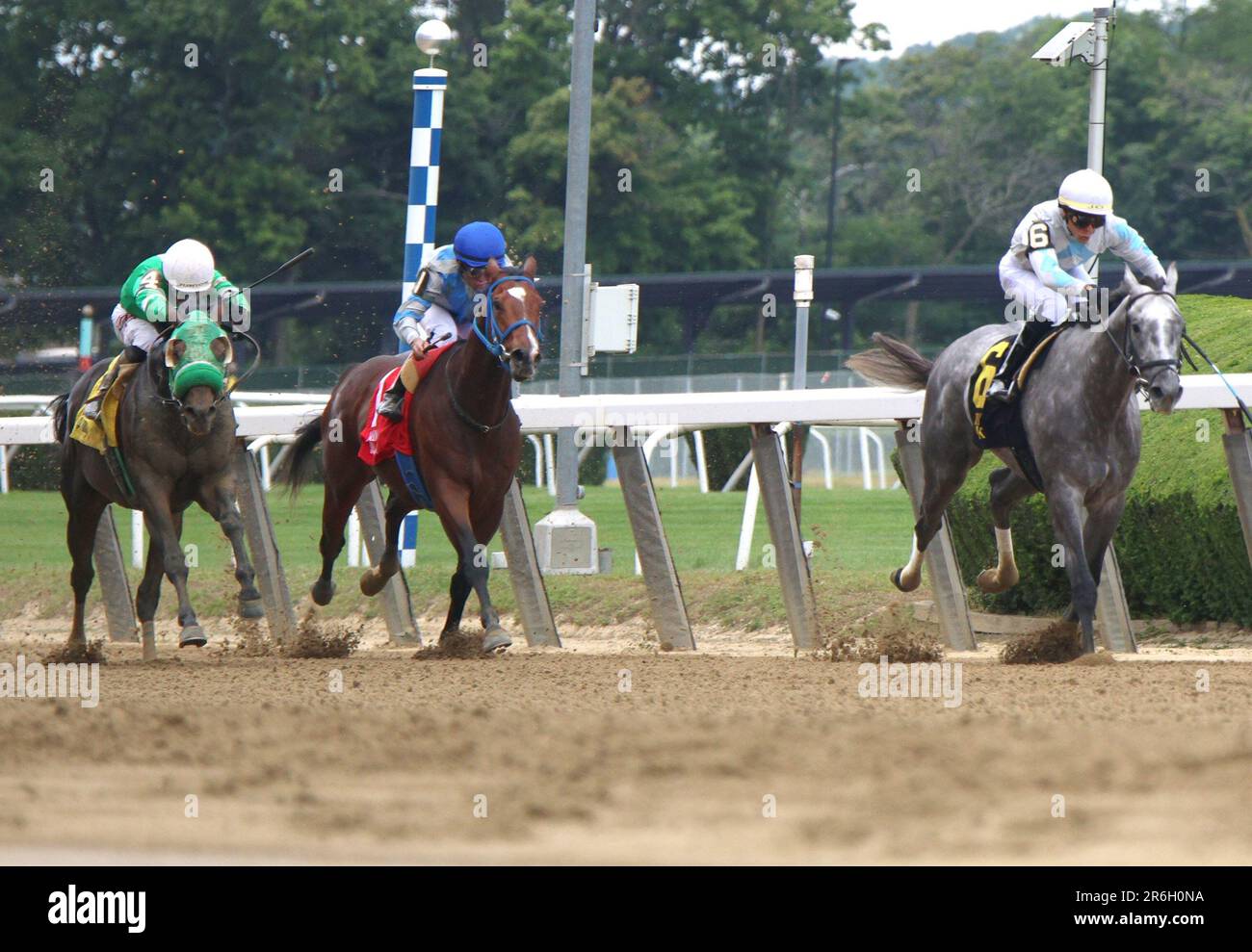 Elmont, United States. 09th June, 2023. Newport Bridge (R), ridden by Jose Ortiz, pulls ahead of the pack, overtaking Twirling Vine, Junior Alvarado up, (L) and Flying in Style, ridden by Joel Rosario, to win the first race at Belmont Park, one day before the 155th running of the Belmont Stakes, in Elmont, New York on Friday, June 9, 2023. Photo by Mark Abraham/UPI Credit: UPI/Alamy Live News Stock Photo