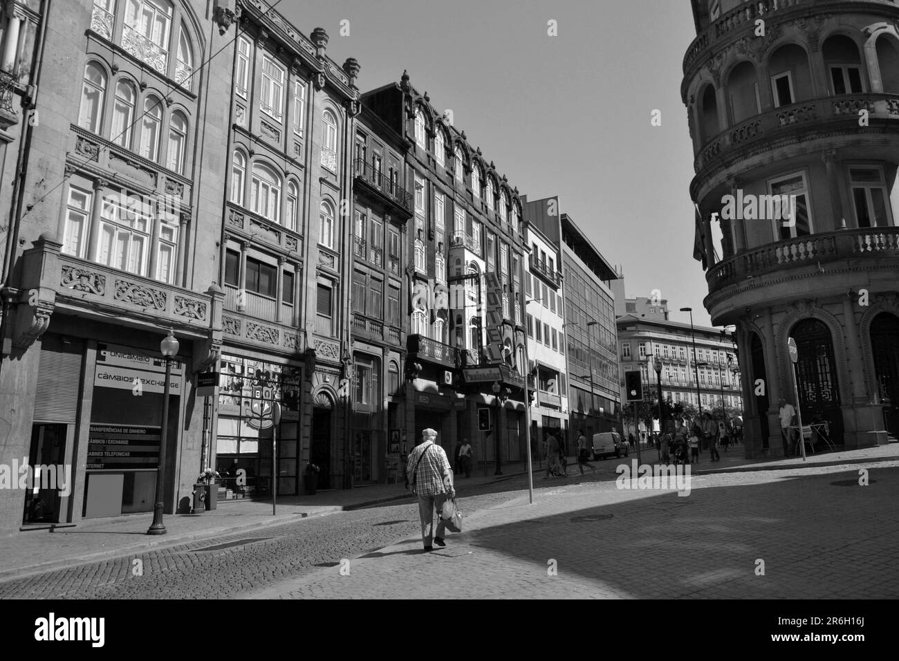 Several facades in Porto City, august 2015 17th. Focus on a street with 1900s buildings. One of them is probably with Art Deco style. Stock Photo