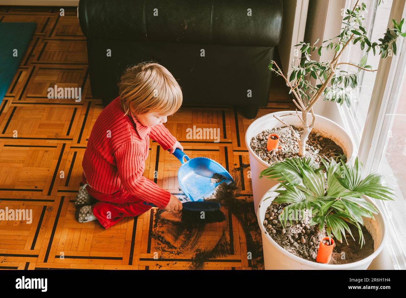 Very messy baby cleaning plant soil from the floor Stock Photo