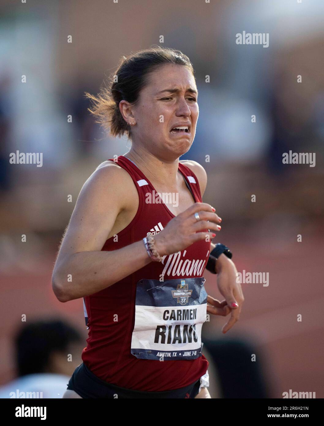 Miami's CARMEN RIANO of Miami of Ohio graimaces over the water jump in