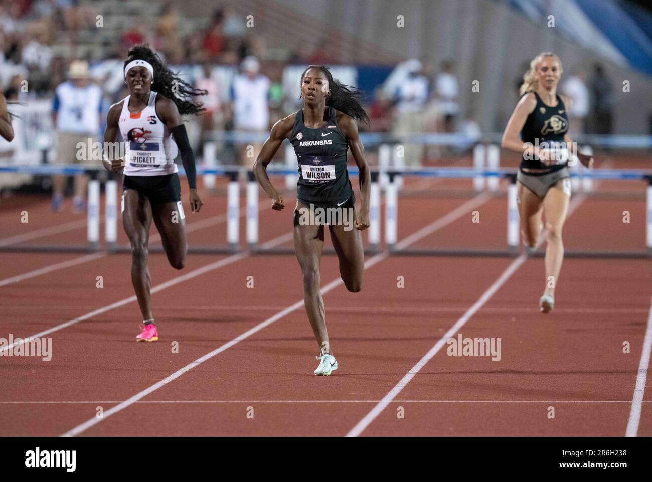 Arkansas' BRITTON WILSON finishes the 400 meter hurdles in women's semifinal action at the NCAA Division 1 Track & Field Championships in Austin on June 8, 2023 Credit: Bob Daemmrich/Alamy Live News Stock Photo