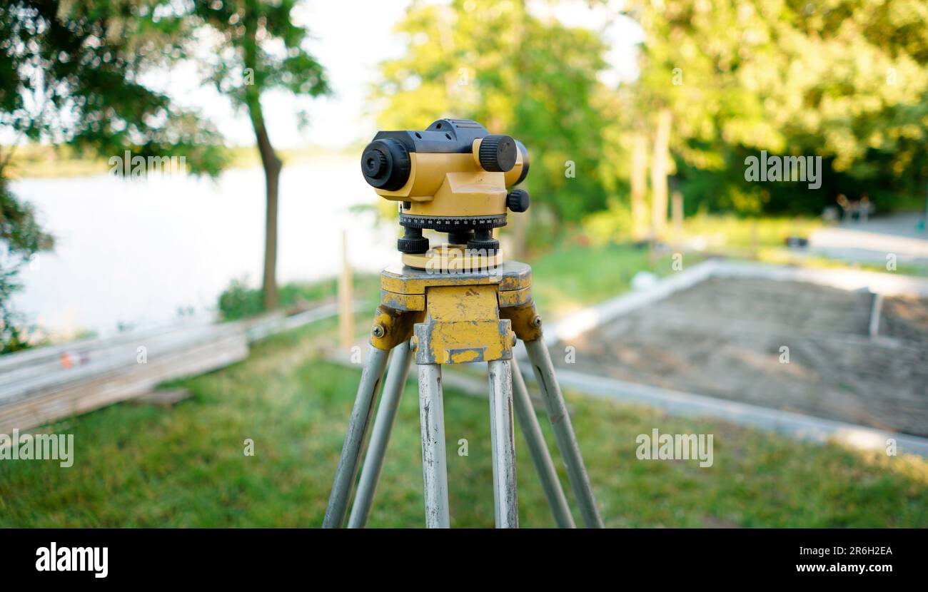 Surveyor equipment theodolite on the construction site. Land surveying