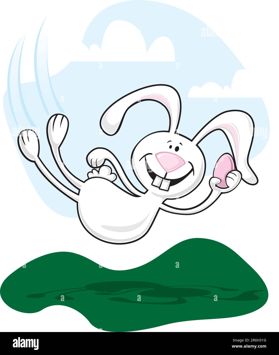Happy Easter Bunny flying through the air holding an Easter egg Stock Vector