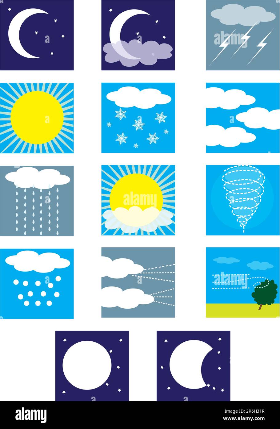 Weather symbols depicting the different types of conditions Stock Vector