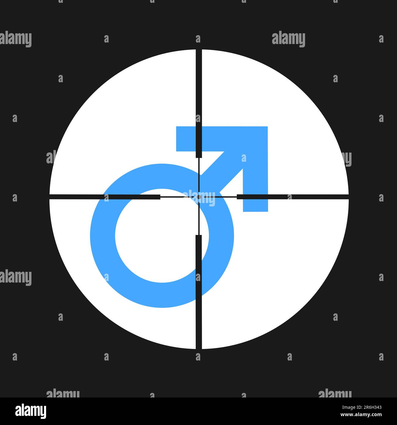 Misandry - Gunsight targetting on male sex symbol as metaphor of man being under sexist and offensive attack and assault based on sex and gender. Vect Stock Photo