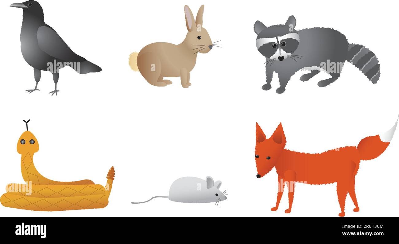 Prairie animals including crow, rabbit, raccoon, rattle snake, field mouse, and fox.    Each animal on separate vector layer for easy editing and s... Stock Vector