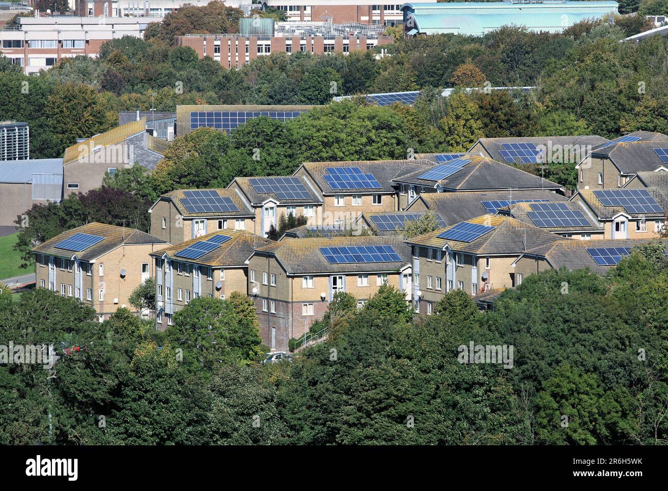 Solar panels on student accommodation at Paddock Field Halls of Residence, University of Brighton. (Falmer Campus.) Stock Photo